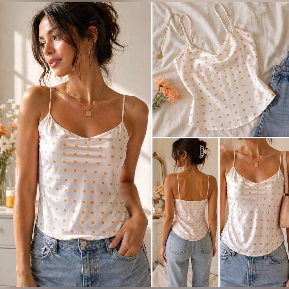 Victoria’s Secret Polka Dot Satin Cami XS Y2K White Orange Tank Top